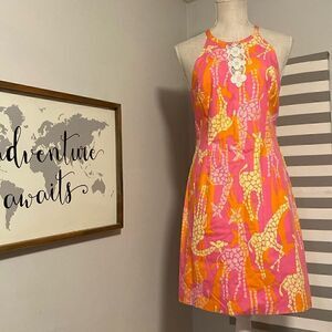 Lilly Pulitzer Pink & Orange Bella Giraffe Lace Inset Yoke Neck Mini Dress Sz 4